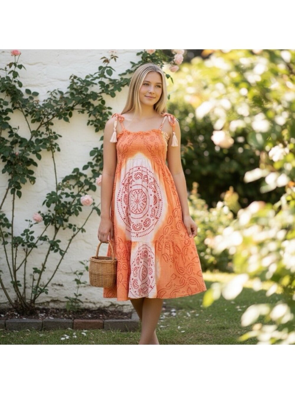 Coolchange Kids Strapless/strap Smocked Maxi Dress Orange White Women's Size 12